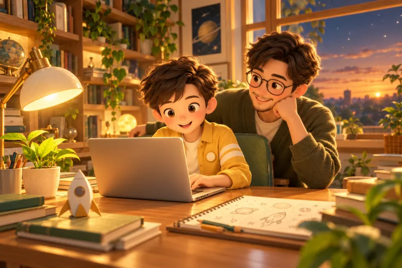 插画：黄昏的家里，孩子坐在书桌前用笔记本电脑创作，爸爸托着下巴在旁边微笑着看。