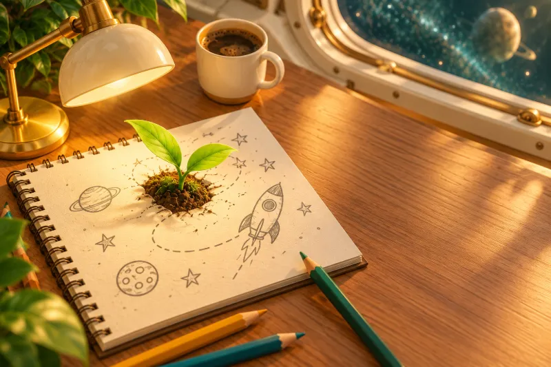 插画：靠窗的木书桌上摊开一本素描本，画着星星、火箭和虚线路线，一株嫩芽从纸中央长出来。