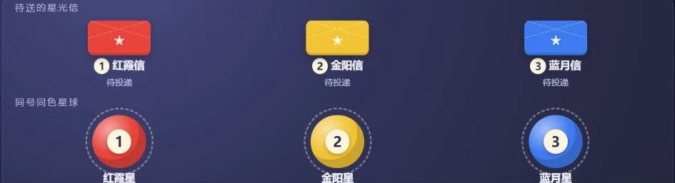 真实画面：改过两次后，红、金、蓝三封信和三颗星球都标上了1、2、3号，一一对应。